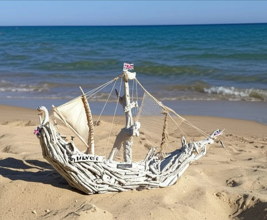 The Vintage Large Wood Pirate Ship Heaven's Ship Driftwood Collection White Model Boat Homeartparis production