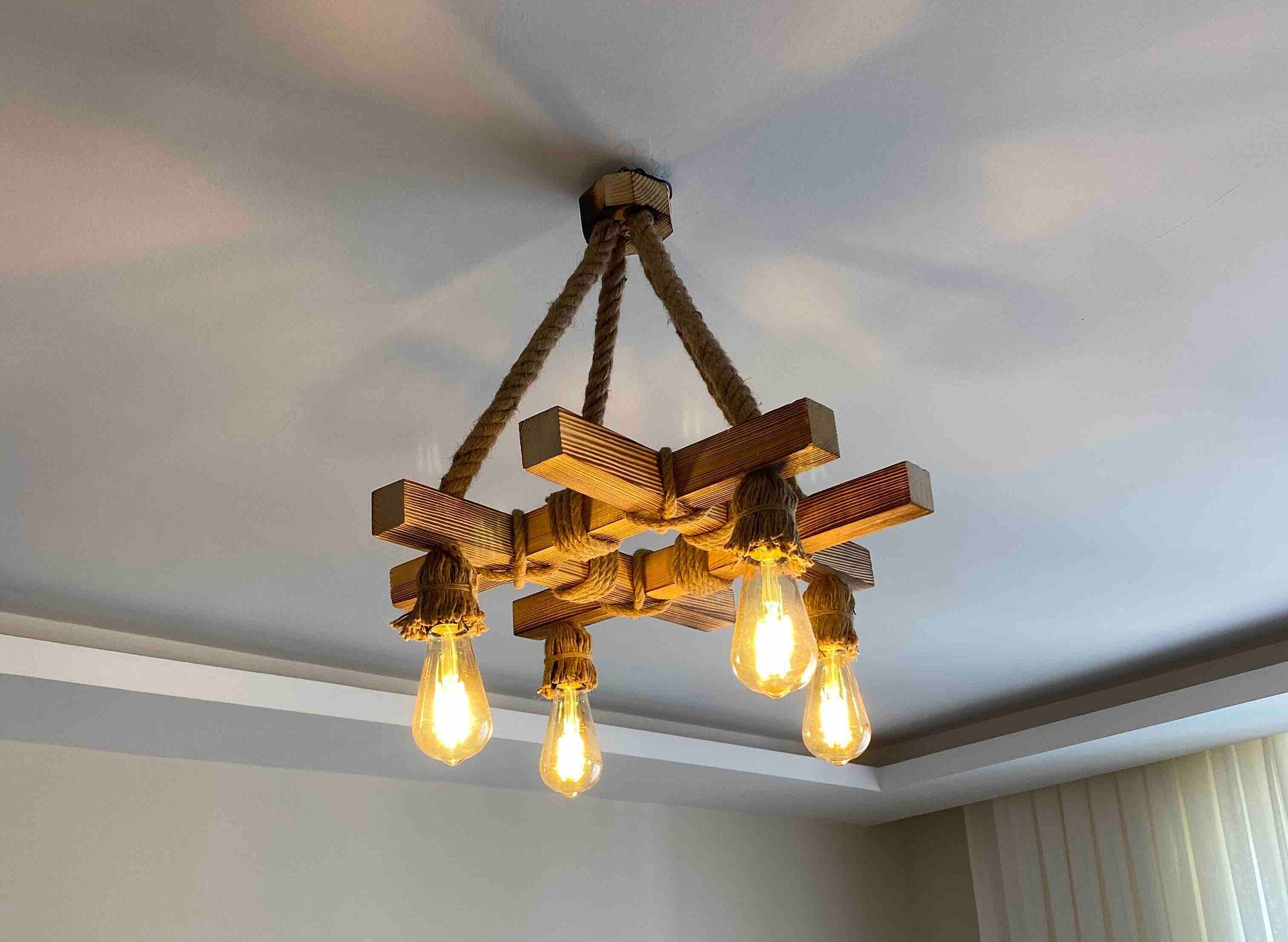 homeartparis Wood Beam Rope Chandelier, Rustic Farmhouse Lighting, 4-Light Fixture, Dining Table & Kitchen Island Light