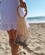 Hand-Knitted Mesh Beach Bag - Bohemian Market Tote by Seval Özsoy - Wooden Handle Summer Purse - Strong & Foldable Artisan Gift