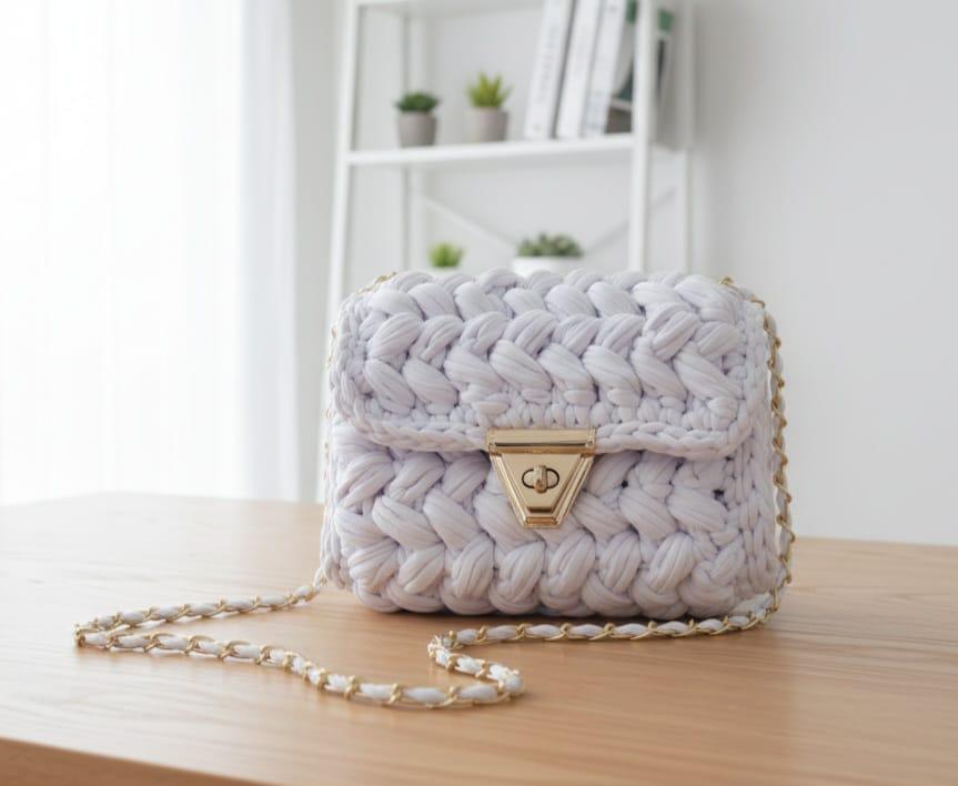 Homeartparis White Crochet Bag Gold Chain - Popcorn Stitch Purse by Seval Özsoy - Handmade Bridal Clutch - Elegant Summer Wedding Bag