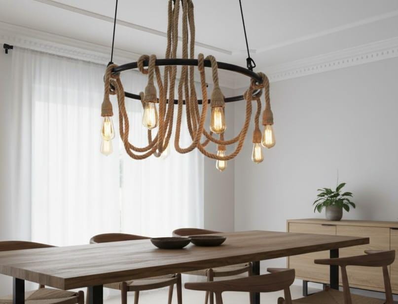 Large Wagon Wheel Rope Chandelier, 8-Arm Rustic Lamp, Farmhouse Pendant Lighting, Living Room & Dining Table Light