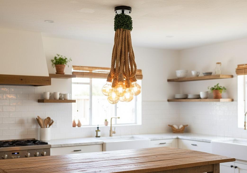 Waterfall Rope Chandelier, Rustic Cluster Light, Stairwell & High Ceiling Lighting, 8-Arm Jute Pendant