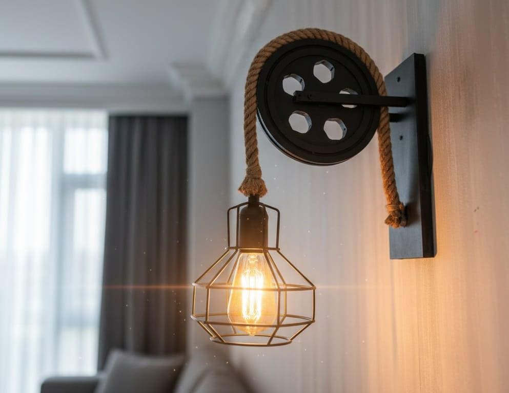 Home Art Paris - Industrial Cage Wall Sconce, Rustic Pulley Lamp, Wood & Rope Wall Light Fixture, Bar - Man Cave Decor