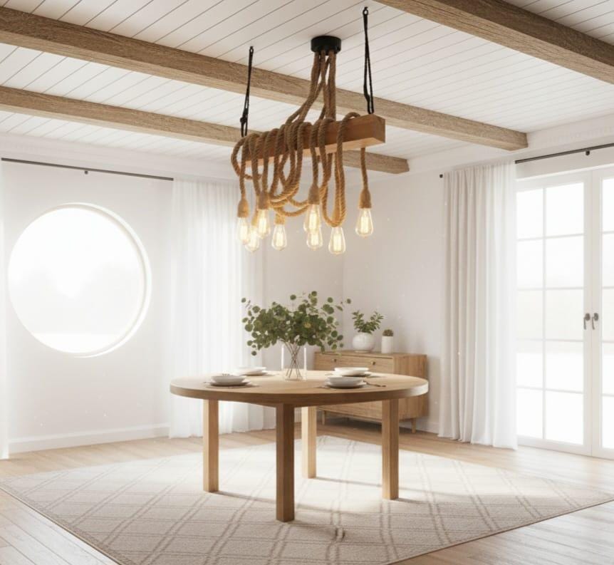 The homeartparis - Linear Wood Chandelier, Kitchen Island Lighting, Rustic Dining Table Lamp, 8-Rope Pendant Light Fixture