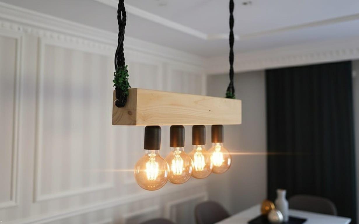 Minimalist Wood Beam Chandelier, Scandinavian Style Pendant, Modern Farmhouse Kitchen Island Lighting