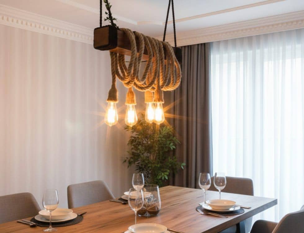 THE Wood Chandelier, Industrial Beam Light, 4-Rope Arm Fixture, Farmhouse Kitchen & Bar Lighting (Kopya)