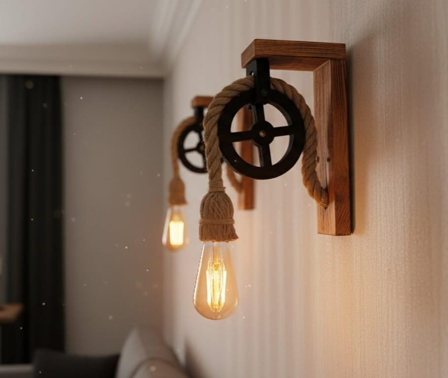 Home Art Paris - Wood L-Bracket Wall Sconce, Rustic Pulley Lamp, Farmhouse Hallway Light, Industrial Wall Fixture
