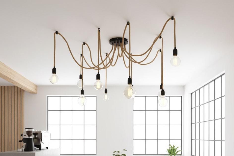 homeartparis - Industrial Rope Spider Chandelier (3/6/8/10 Arms), Choose Socket Style, Custom Length Modern Farmhouse Light for Cafe Office