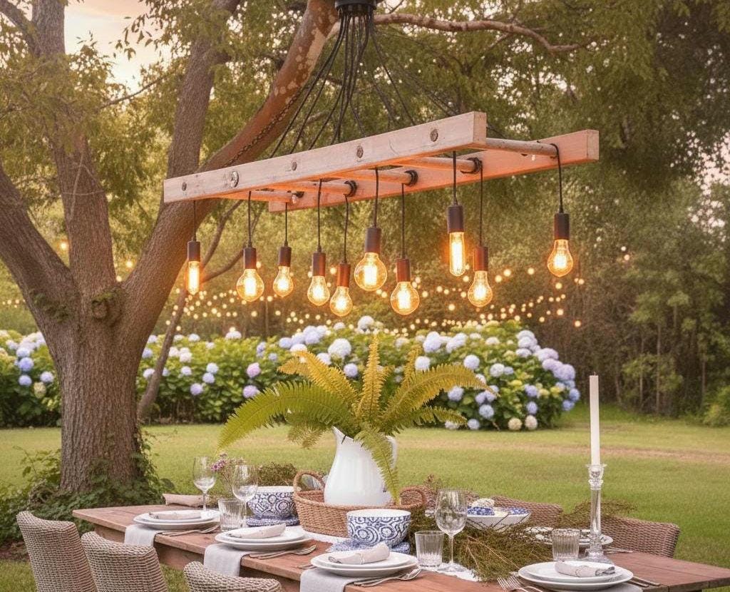 The homeartparis Wood Ladder Chandelier, Covered Patio Lighting, Rustic Garden Fixture, Farmhouse Bar Cafe Light