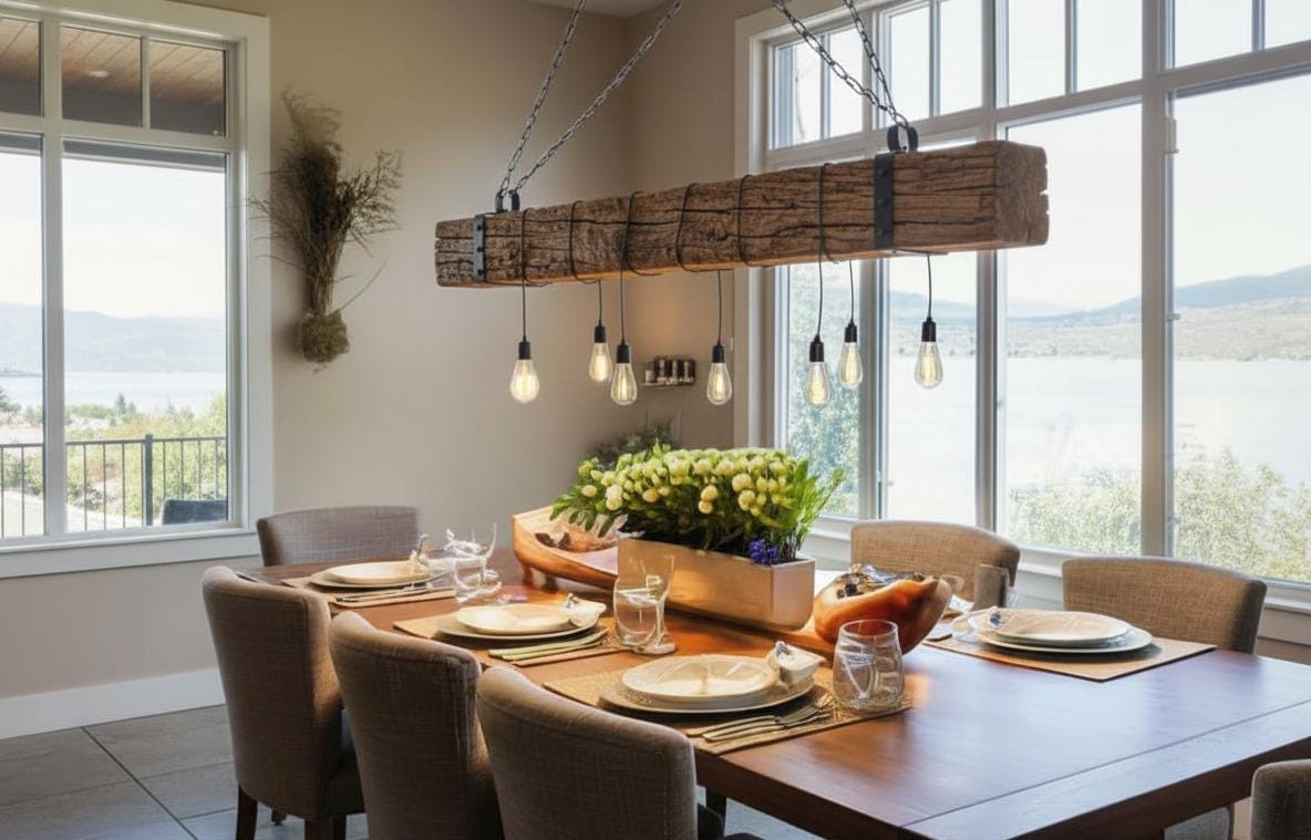 Rustic Wood Beam Chandelier, 8-Light Farmhouse Dining Light, Cabin Lodge Industrial Fixture