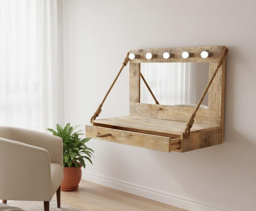 The Solid Pine Wood Vanity Table with Lighted Mirror - Rustic Hollywood Style Makeup Dressing Table