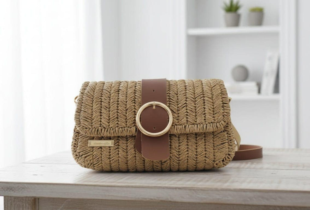 Handmade Straw Shoulder Bag - Bohemian Crossbody by Seval Özsoy - Natural Woven Summer Purse with Gold Ring Buckle - Unique Artisan Gift