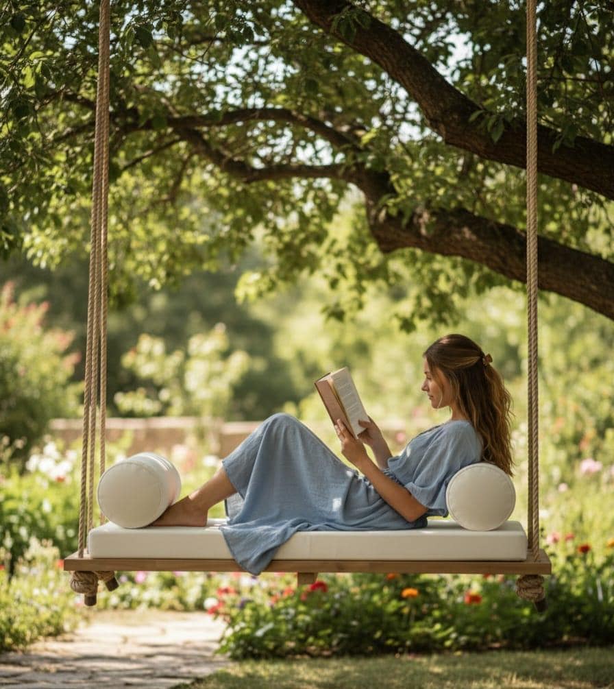 Modern Wooden Swing bed| Minimalist Porch Swing sofa | Handmade Hanging Sofa | Boho Garden Daybed | Cushioned Wood Swing sofabed