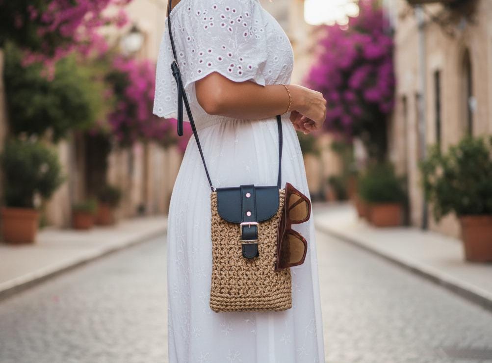 Woven Straw Crossbody Bag - Handmade Summer Mini Bag by Seval Özsoy - Natural Straw Purse with Black Leather Flap - Unique Gift for Her