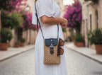 Homeartparis Woven Straw Crossbody Bag - Handmade Summer Mini Bag by Seval Özsoy - Natural Straw Purse with Black Leather Flap - Unique Gift for Her