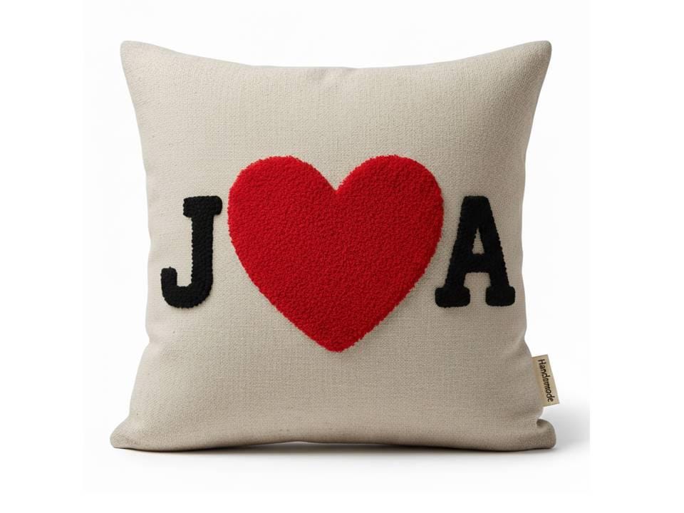 Homeartparis Initials Heart Pillow - Personalized Couple Gift by Seval Özsoy - Custom Punch Needle Wedding & Anniversary Keepsake - Linen Love Decor
