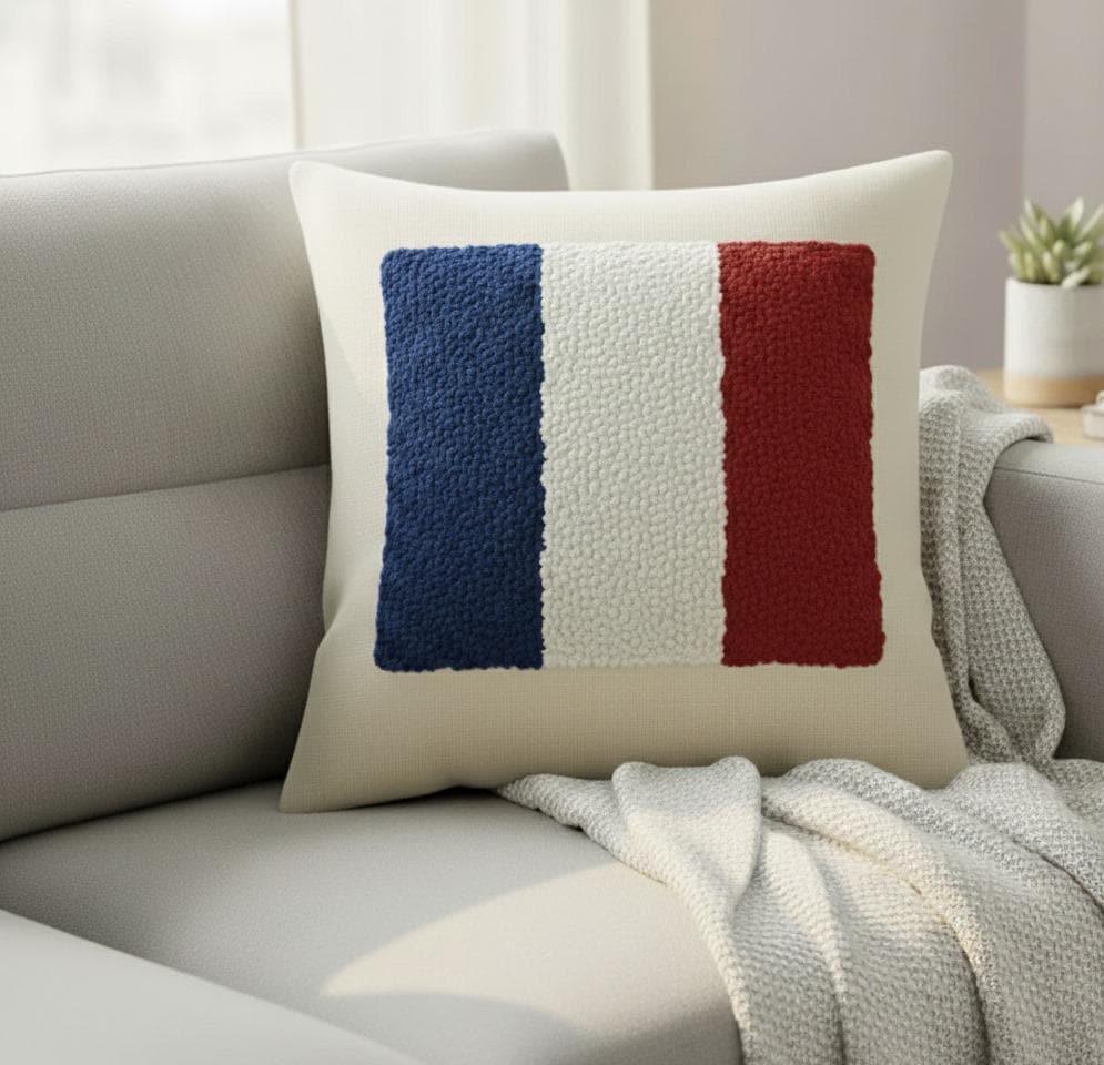 Homeartparis French Flag Punch Needle Pillow Cover, France Linen Cushion Case, Parisian Style Gift, Textured Home Decor 16x16