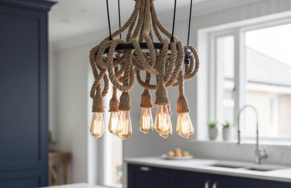 Nautical Rope Chandelier, Knotted Rustic Lamp, Coastal Lighting Fixture, Kitchen Island & Bar Light, 8-Arm Pendant Chandelier