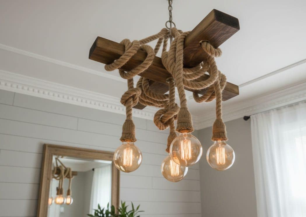 Chunky Rope Cross Beam Chandelier, Rustic Beam Light, Custom Farmhouse Lighting, 5-Light Dining Room Fixture