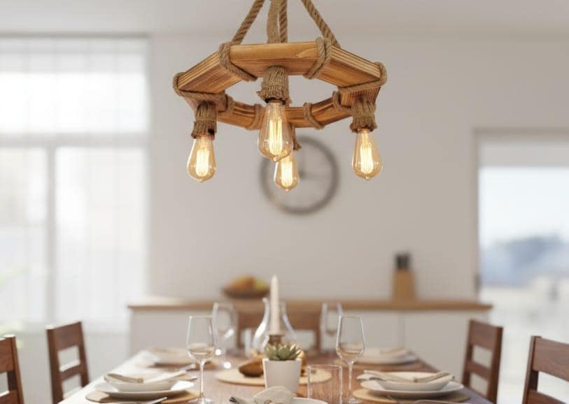 The Geometric Wood Chandelier, Bohemian Rope Lamp, 4-Light Rustic Pendant, Living & Dining Room Lighting