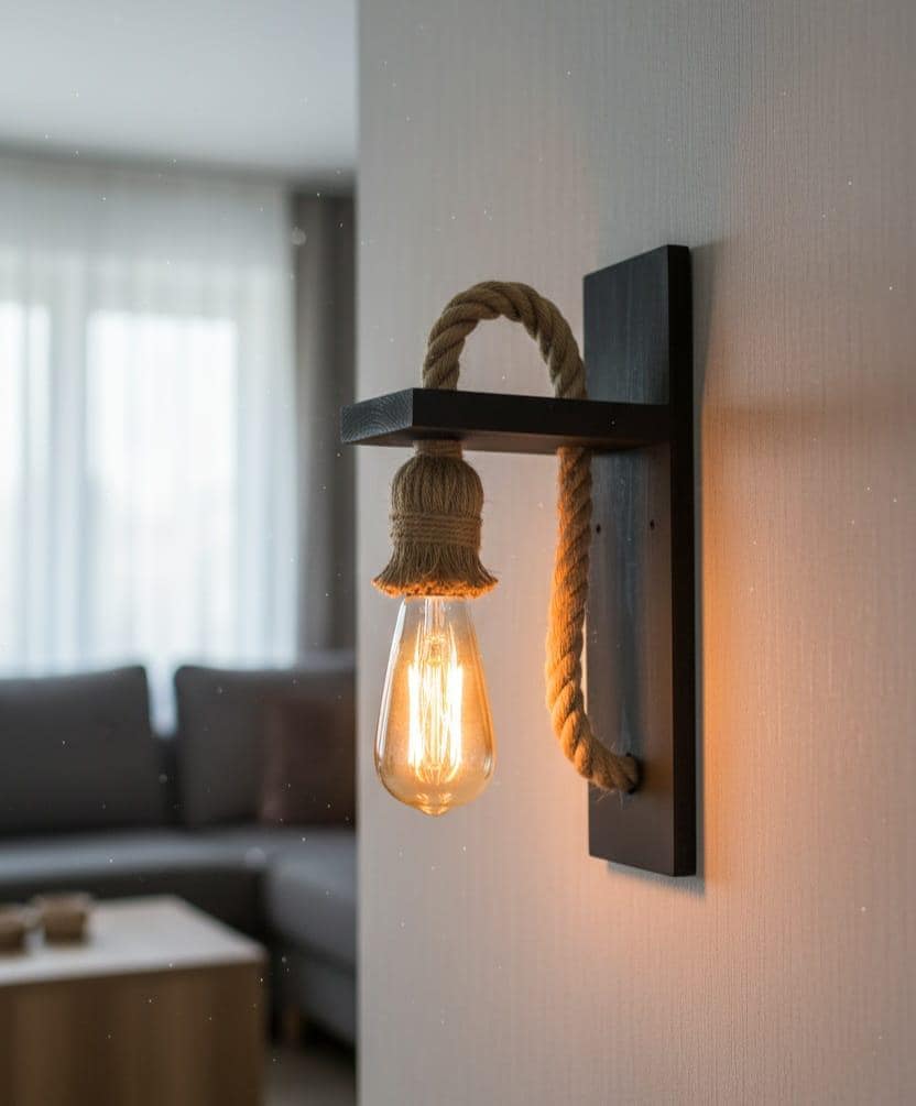 homeartparis handmade Rustic Wall Sconce, Wood and Rope Wall Lamp, Industrial Hallway & Bedroom Lighting