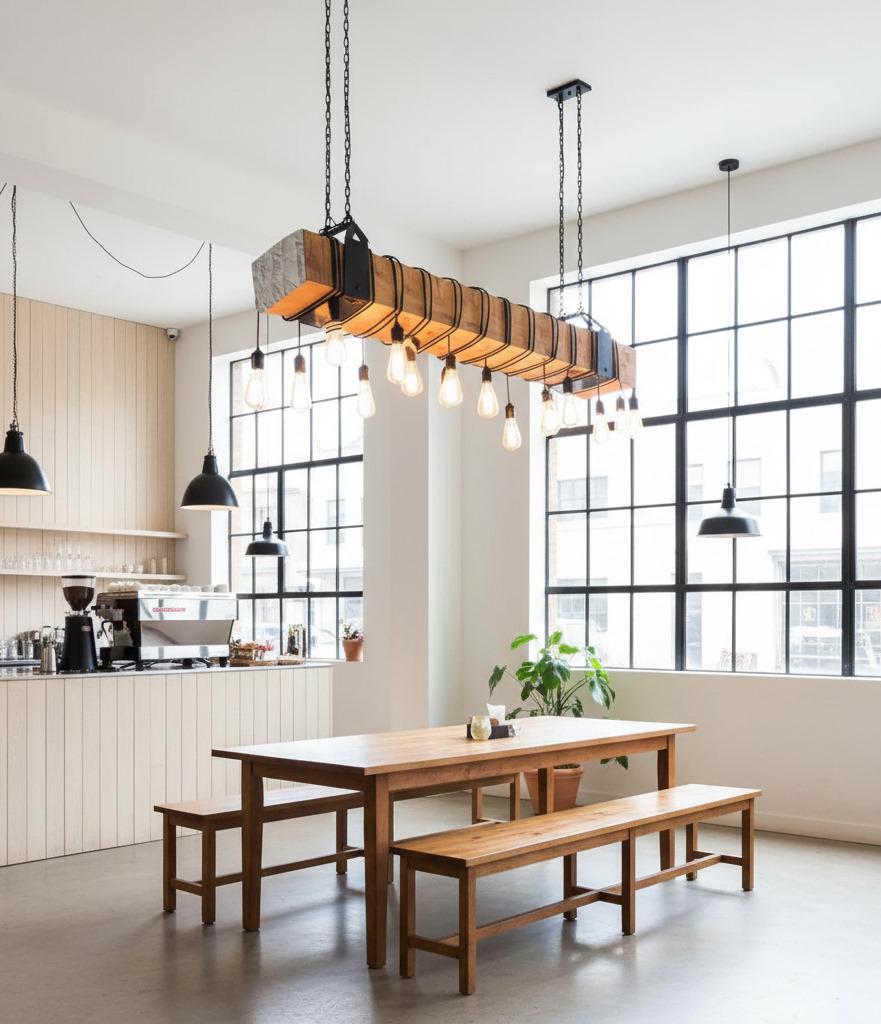 The homeartparis - Large 160cm Wood Beam Chandelier, 15-Light Industrial Statement Fixture, Rustic Restaurant Cafe Bar Lighting