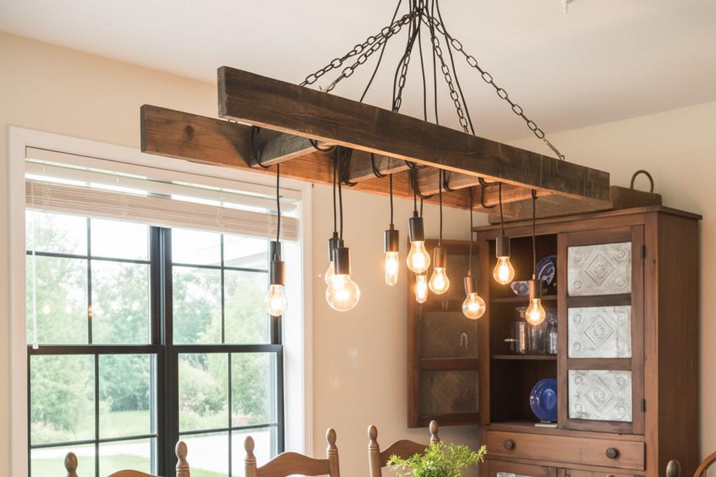 Wood Ladder Chandelier, 10-Light Rustic Farmhouse Pendant Light, Reclaimed Style Beam Lighting for Kitchen Bar Cafe