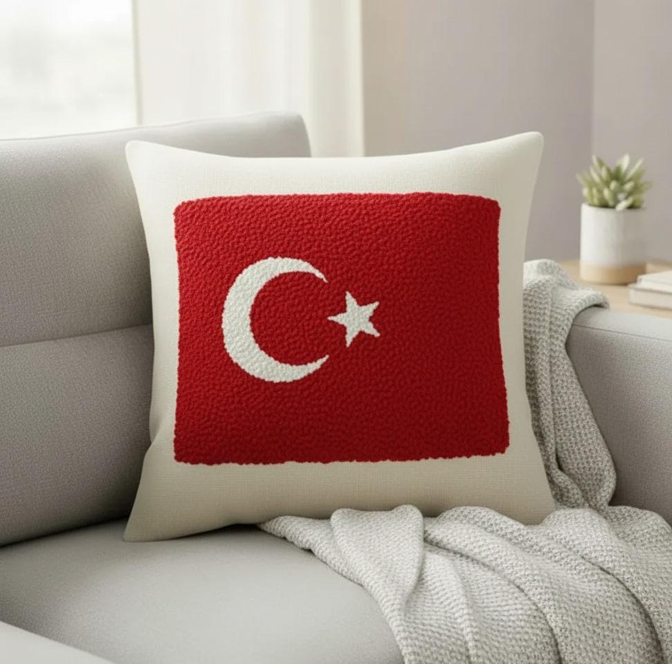 homeartparis Turkish Flag Punch Needle Pillow Cover, Turkey Linen Cushion Case, Travel Souvenir Gift, Textured Home Decor 16x16