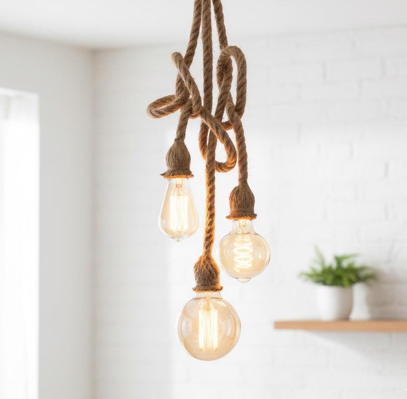 Knot Rope Chandelier (3-10 Arms), Custom Length (50-350cm), Rustic Farmhouse Multi Pendant Light for Cafe Bar