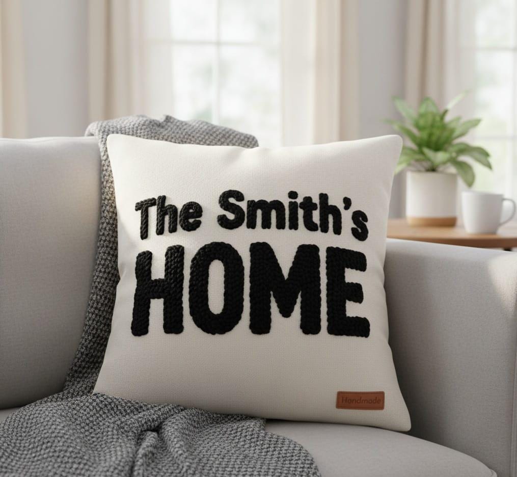 homeartparis Personalized Family Name Pillow, Punch Needle Throw Pillow, Custom Housewarming Gift, 16x16 Handmade Linen Cover, Home Decor, Last Name Pill