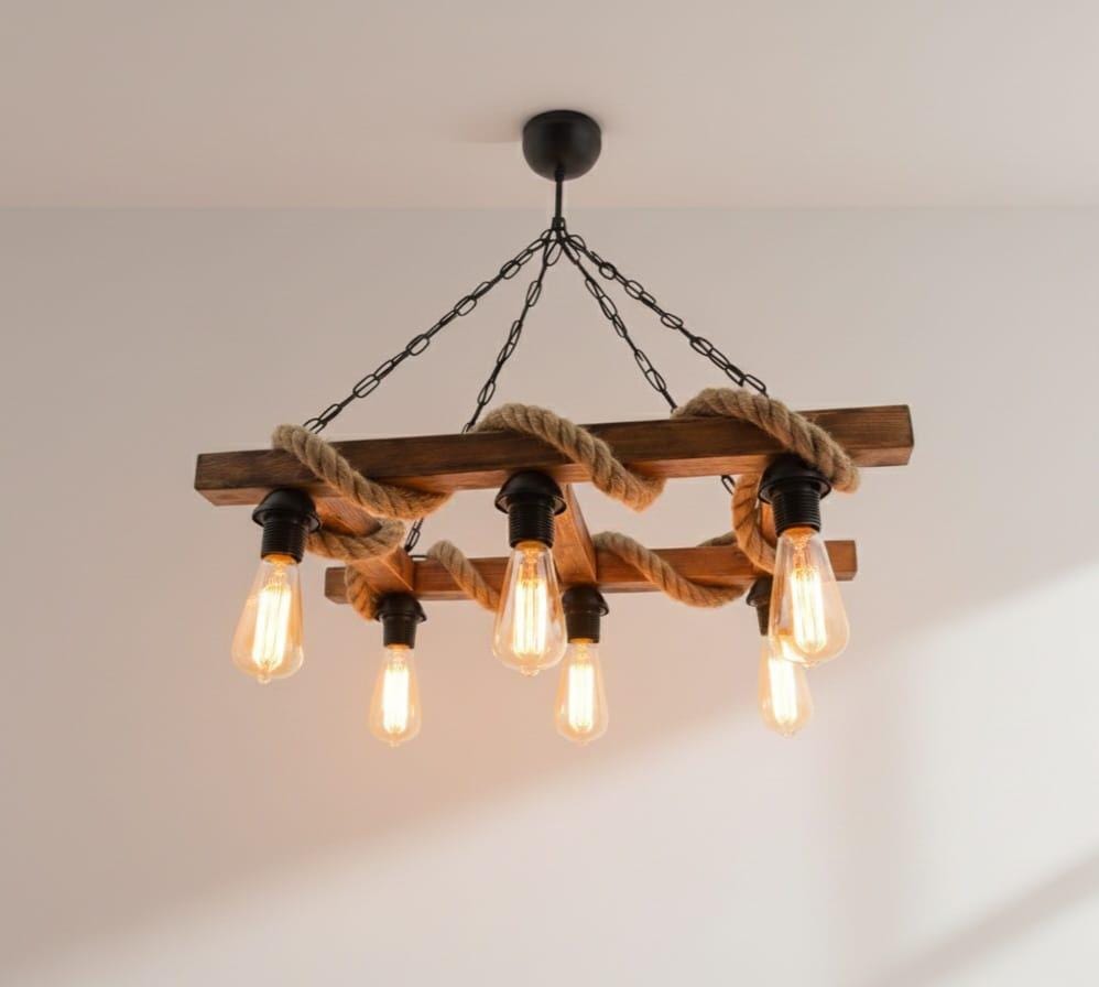 Ladder Rope and Wood Chandelier | 6-Light Rustic Farmhouse Beam Pendant Light | Industrial Cabin Ceiling Fixture E27