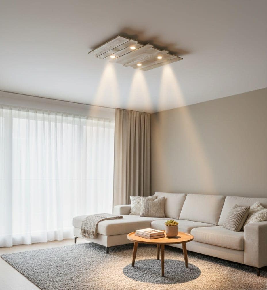 Rustic Wood Ceiling Lamp | Geometric 4 Spot Light Fixture | Adjustable Chain Hanging Natural Loft Lighting