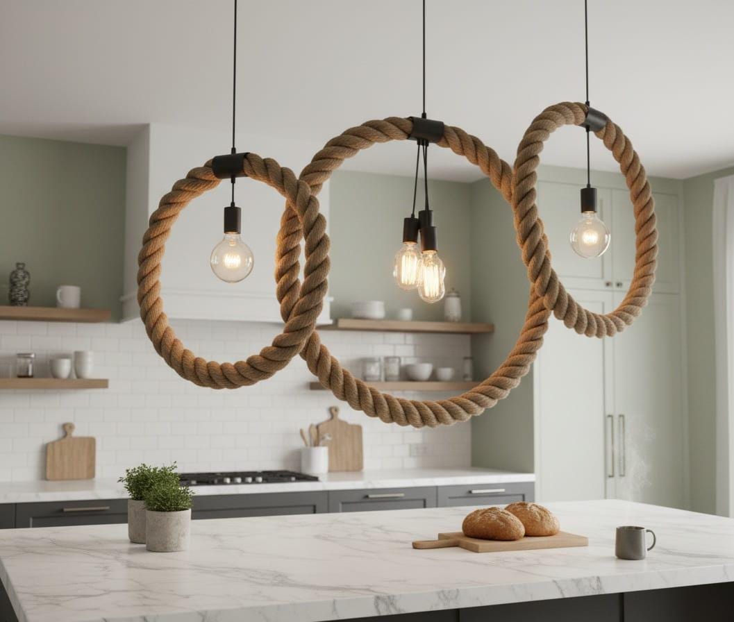 3-Piece Rope Ring Chandelier Set | Modern Nautical Loop Pendant Lights | Industrial E27 Ceiling Lamp for Kitchen Island & Bar