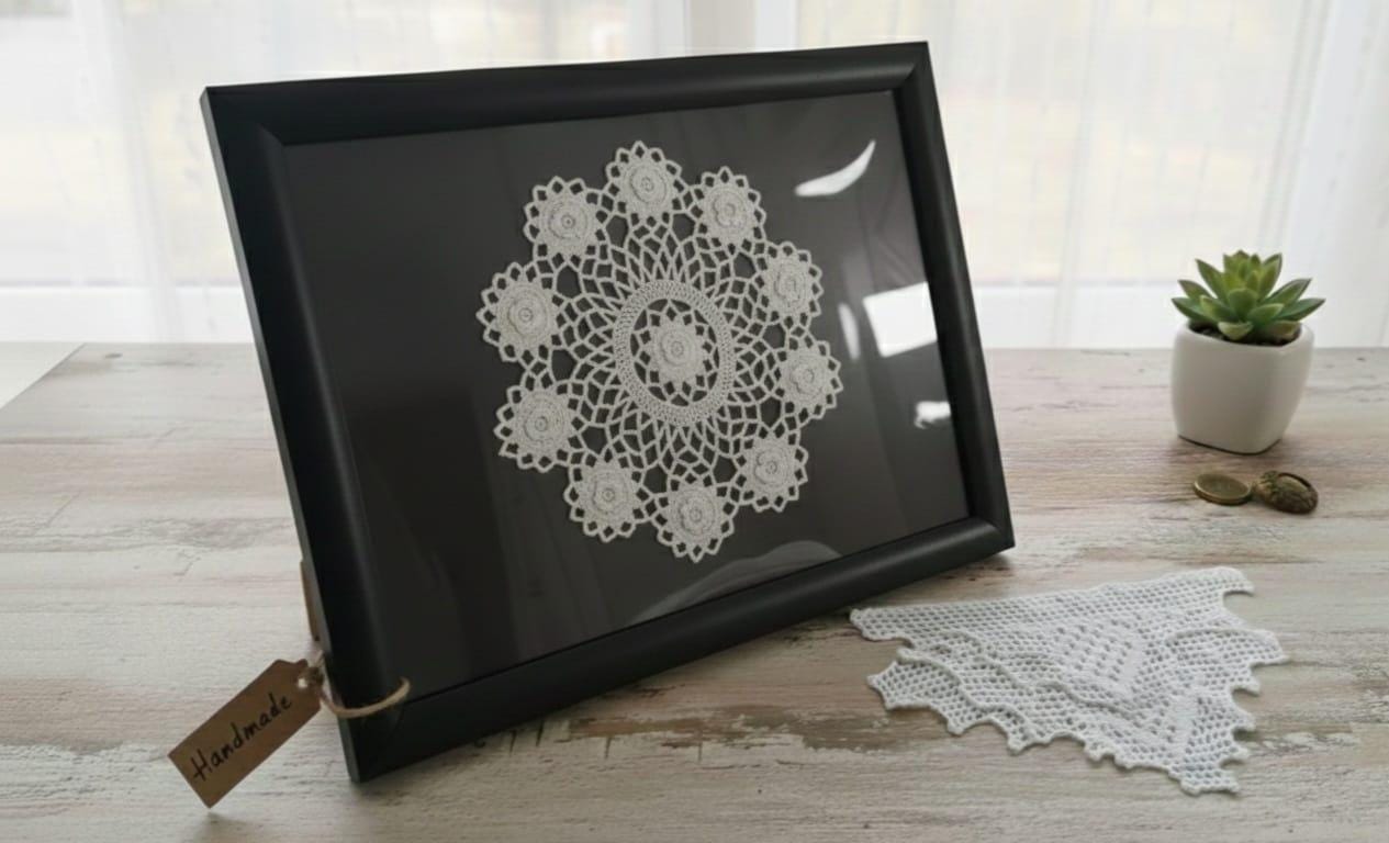 Handmade Framed Crochet Art Vintage Lace Doily Wall Decor Made by Homeartparis production