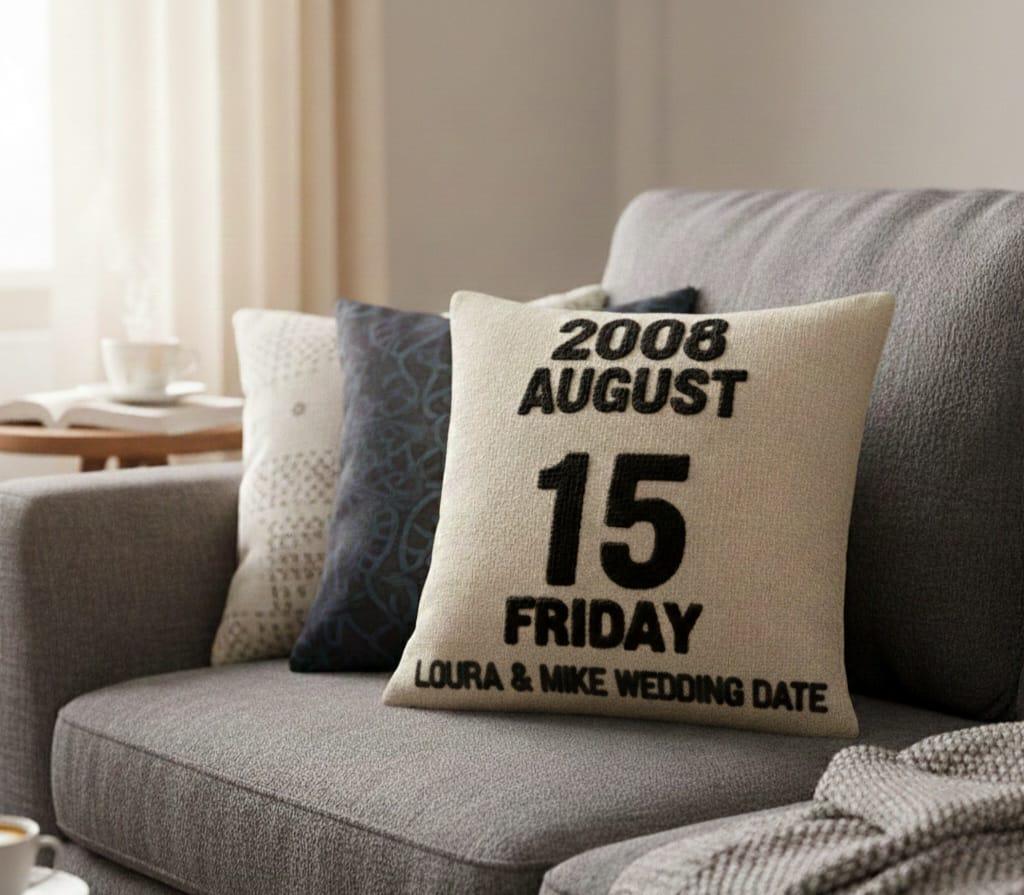 Homeartparis Custom Date Punch Needle Pillow | Personalized Beige Linen Cushion, Anniversary Gift for Couple, 16x16" Hand Embroidered Pillow Cover or Ins