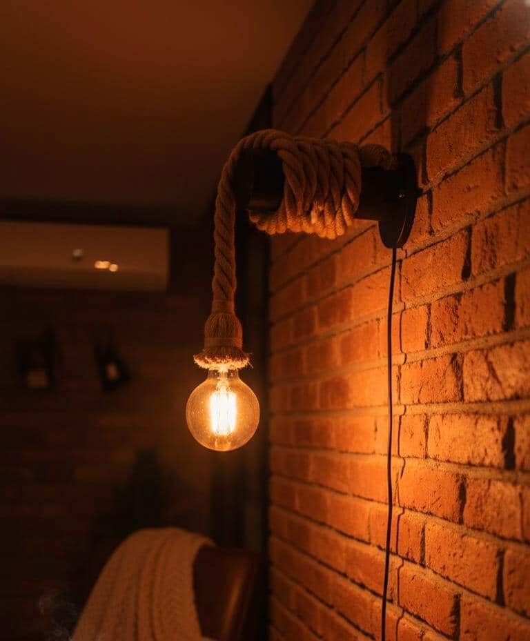 Rustic Wood Beam Wall Sconce, Rope Wrapped Industrial Wall Light with Switch, Plug-in Bedside Reading Lamp, 40 cm (15.7 inc) Wooden Wall Decor