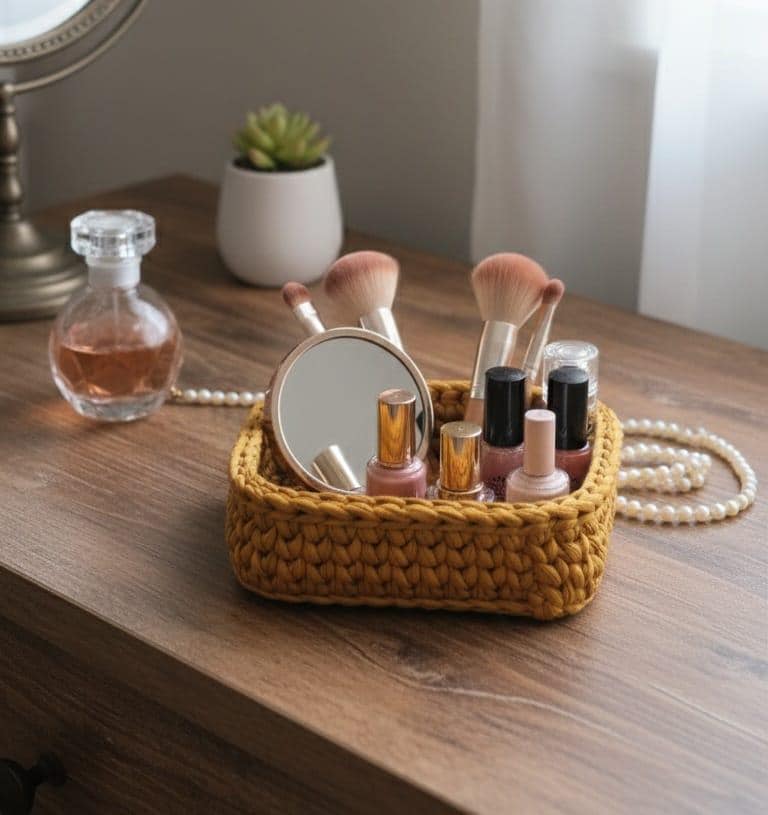 Handmade Crochet Mini Basket Mustard Yellow Desktop Organizer Homeartparis production