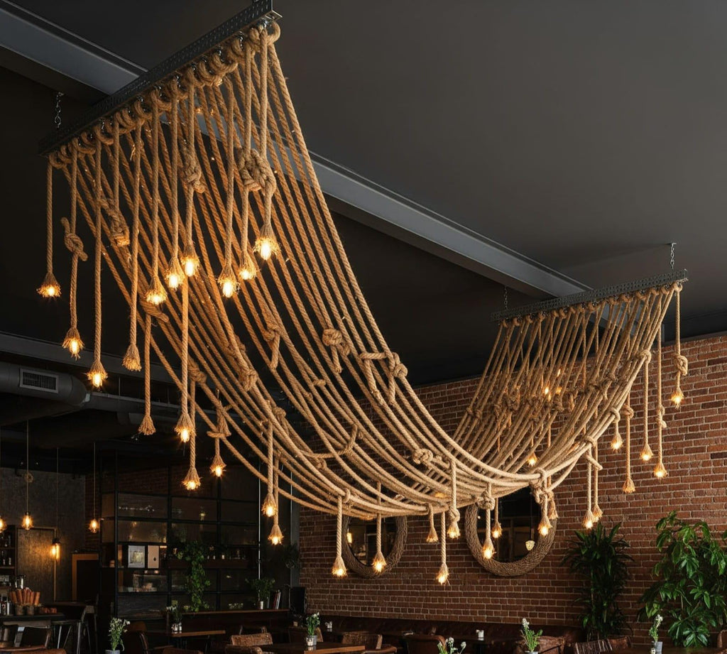 Large rope Chandelier, 60 Light Swag Fixture, Restaurant Ceiling Lamp, 150cm Wood Base + 30 Double Rope Arms, Barn Wedding Lighting