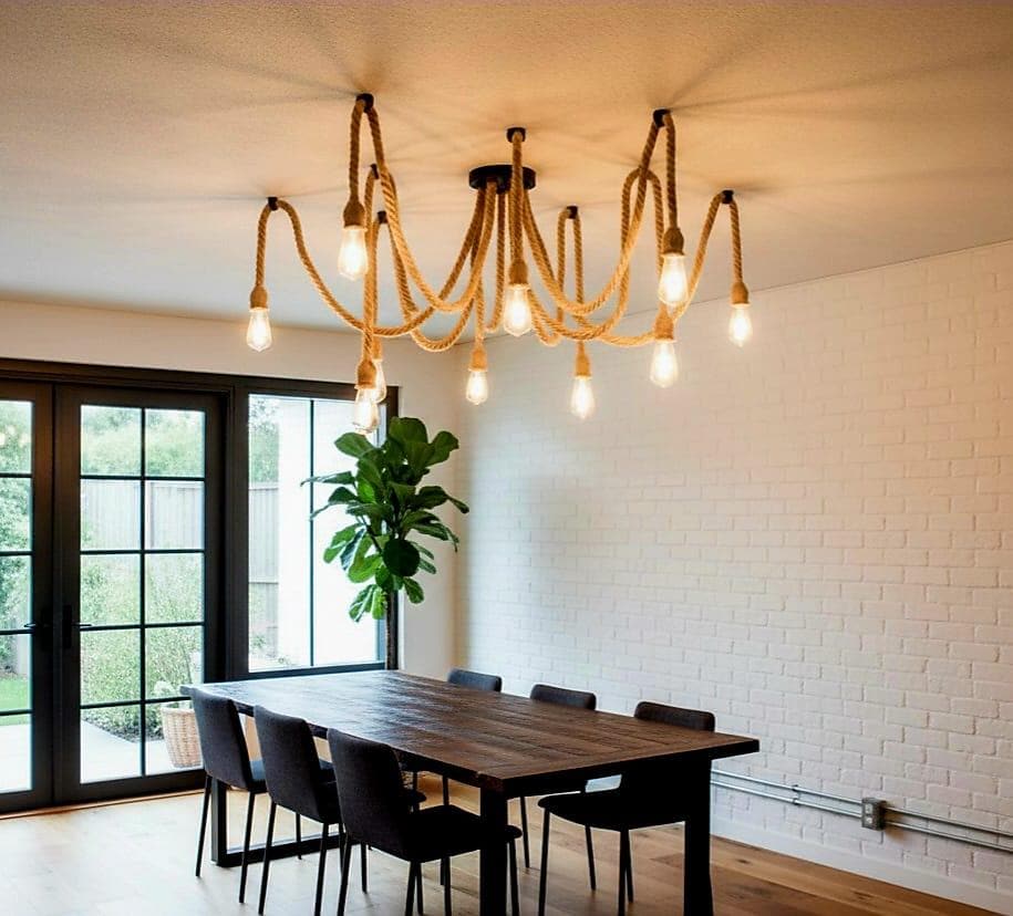 10 Arm Rope Spider Chandelier, Industrial Pendant Light, Rustic Ceiling Fixture, Jute Rope Swag Lamp, 150cm Arms, Custom Order Available