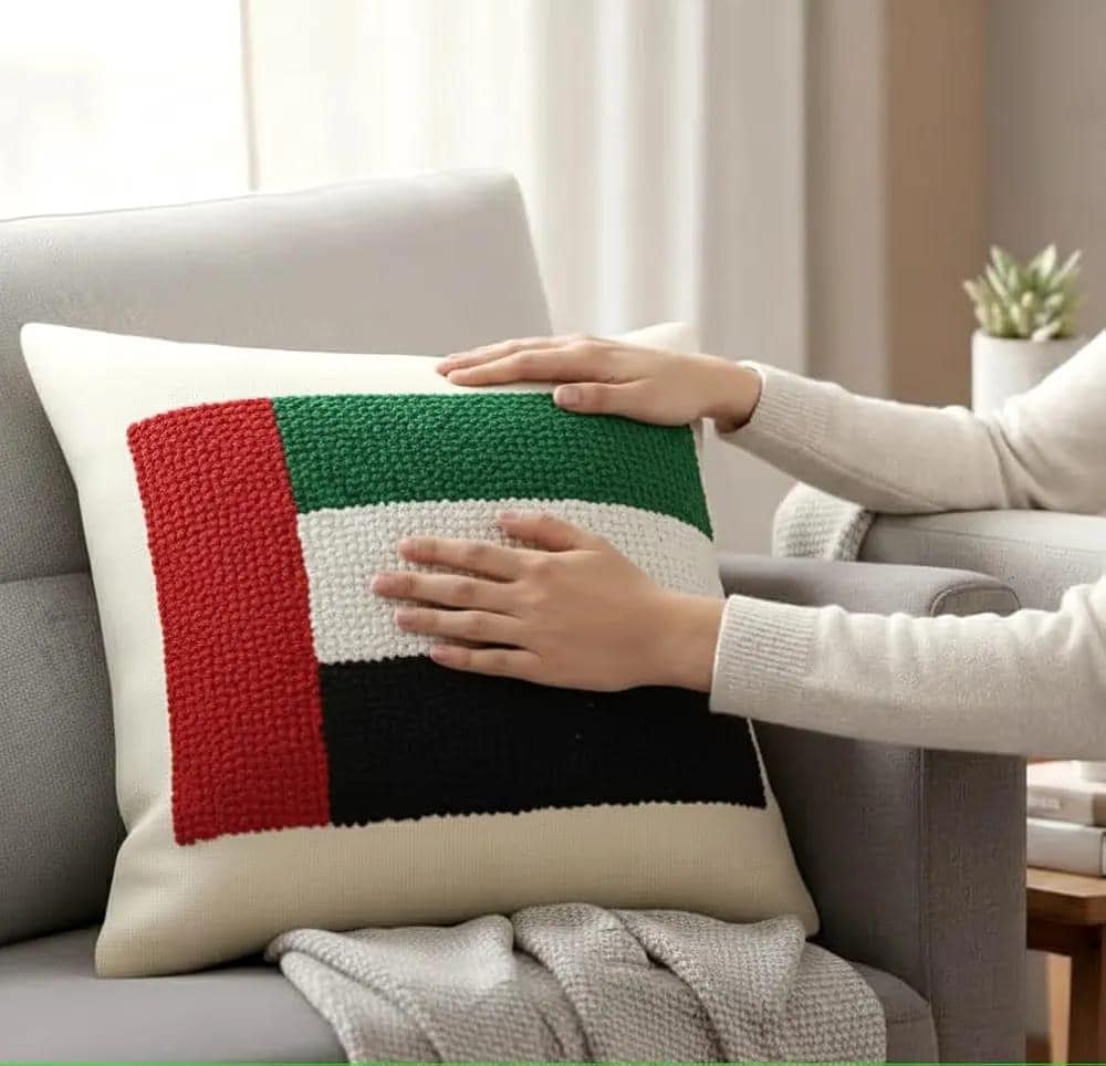 Homeartparis UAE Flag Punch Needle Pillow, 40x40 cm (16x16 inc) Handmade Decorative Cushion, Breathable Beige Linen Fabric with Soft Insert, Removable