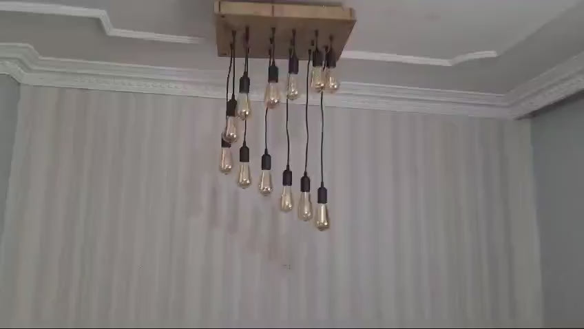 Waterfall Wood Chandelier, Stairwell Lighting Fixture, 12-Light Rustic Lamp, High Ceiling & Kitchen Island Pendant chandelier