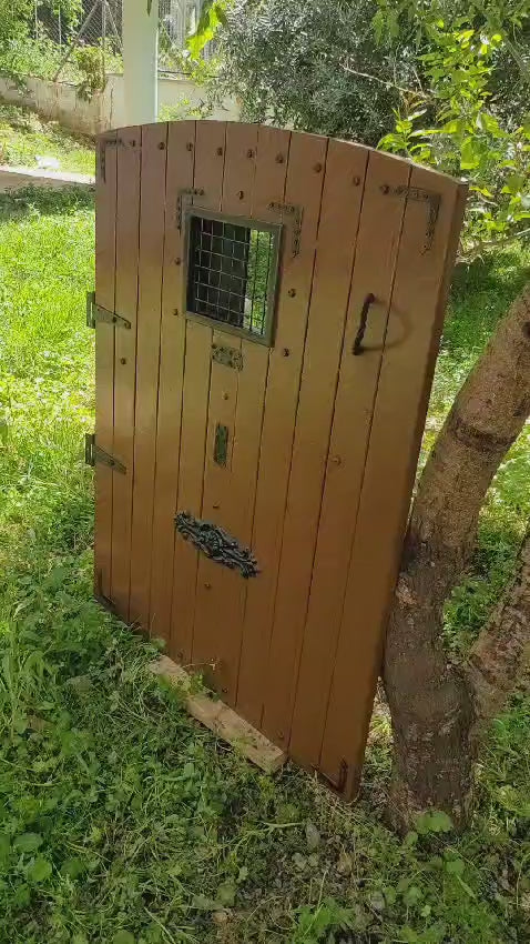Rustic Wooden Garden Gate, Handmade Vintage Decorative Fence Door with Mesh Window Homeartparis production