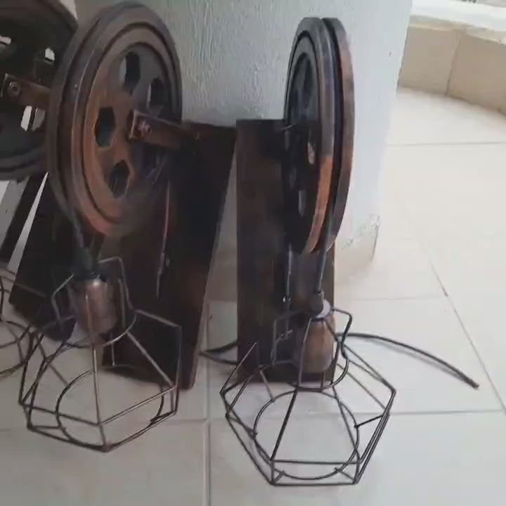 Vintage Cage Wall Sconce, Rustic Pulley Lamp, Wood & Rope Wall Light Fixture, Bar - Man Cave Decor