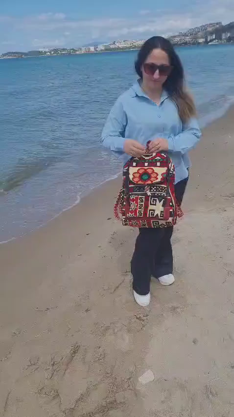 Ethnic Boho Backpack - Handwoven Authentic Kilim Pattern Travel Bag by Seval Özsoy - Unique Bohemian Rucksack - Artisan Kilim Accessory