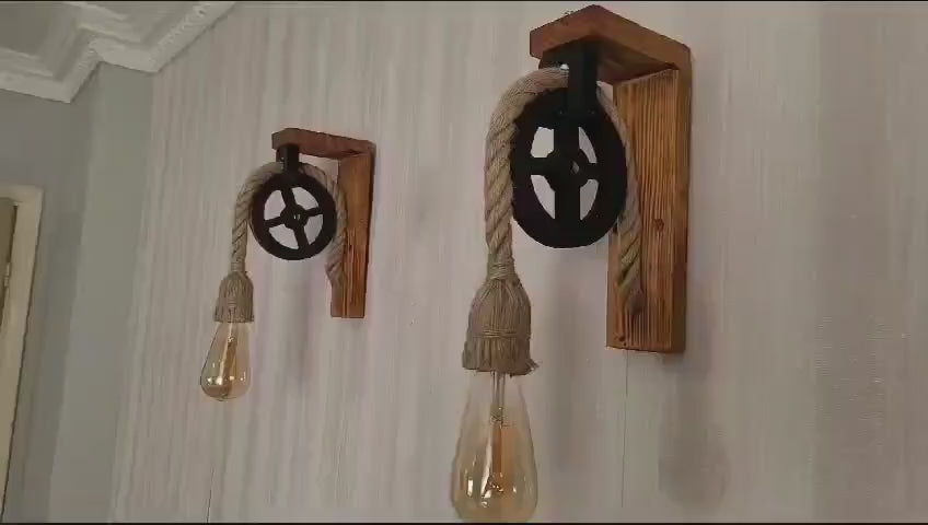 Home Art Paris - Wood L-Bracket Wall Sconce, Rustic Pulley Lamp, Farmhouse Hallway Light, Industrial Wall Fixture