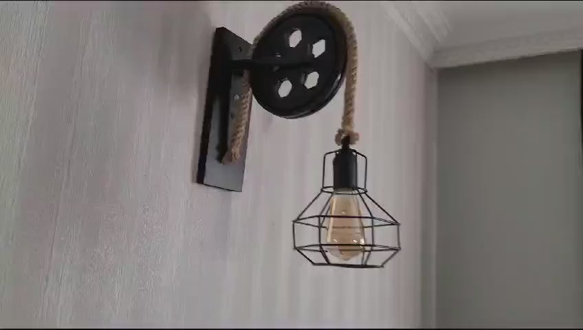 Home Art Paris - Industrial Cage Wall Sconce, Rustic Pulley Lamp, Wood & Rope Wall Light Fixture, Bar - Man Cave Decor