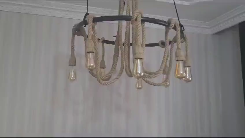Large Wagon Wheel Rope Chandelier, 8-Arm Rustic Lamp, Farmhouse Pendant Lighting, Living Room & Dining Table Light