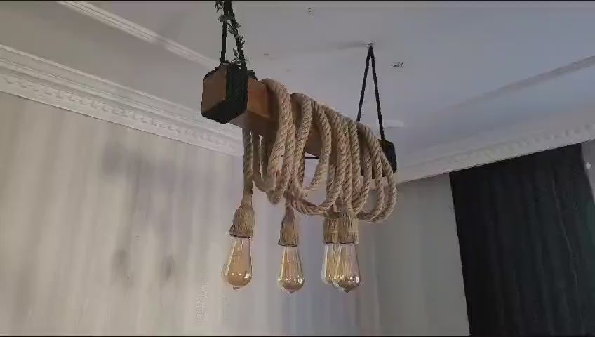 THE Wood Chandelier, Industrial Beam Light, 4-Rope Arm Fixture, Farmhouse Kitchen & Bar Lighting (Kopya)