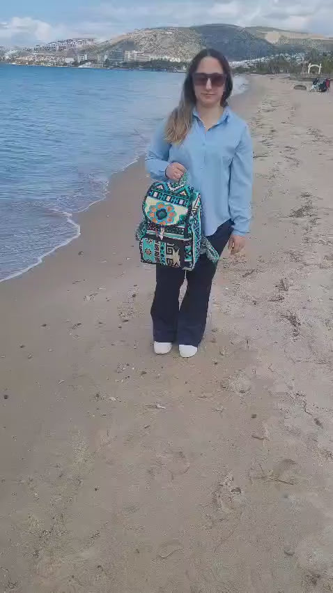 Ethnic Boho Backpack - Handwoven Authentic Kilim Pattern Travel Bag by Seval Özsoy - Unique Bohemian Rucksack - Artisan Kilim Accessory