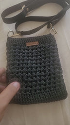 Black Crochet Mini Shoulder Bag - Bohemian Knit Crossbody Purse with Vegan Leather Accents - Unique Artisan Gift for Daily Use